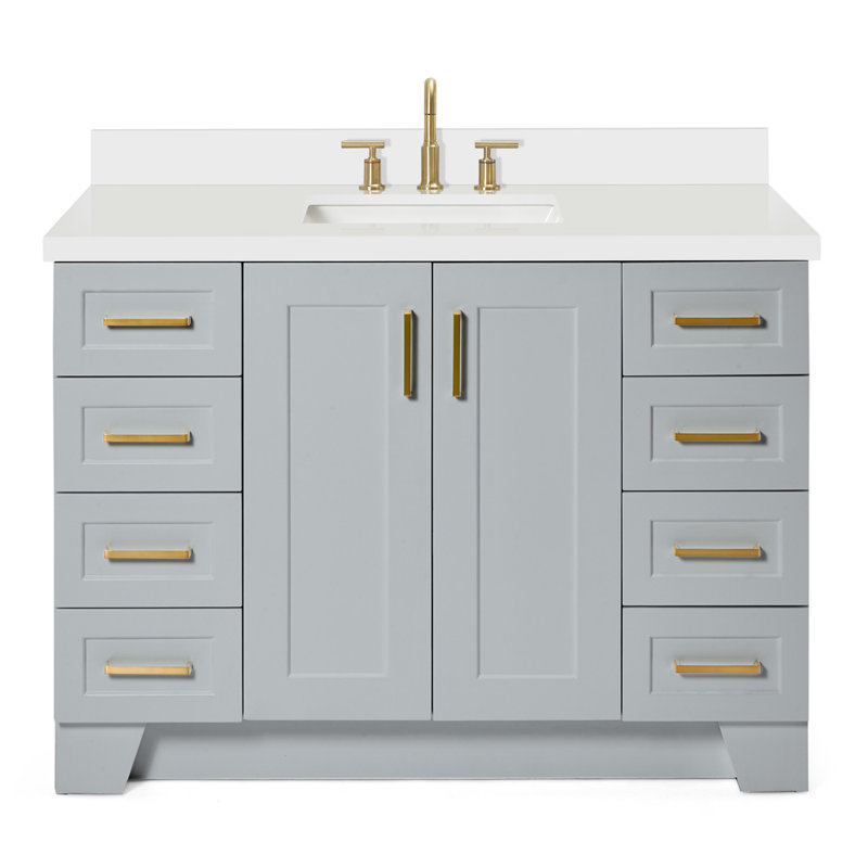 Freitas 48'' Solid Wood Single Bathroom Vanity, Gray, Rectangle, White Quartz
