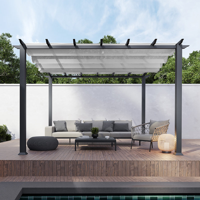 Florence  Aluminum Pergola in Gray Powder-Coated Finish with Adjustable Canopy, Sand, 11 ft. W x 11 ft. D