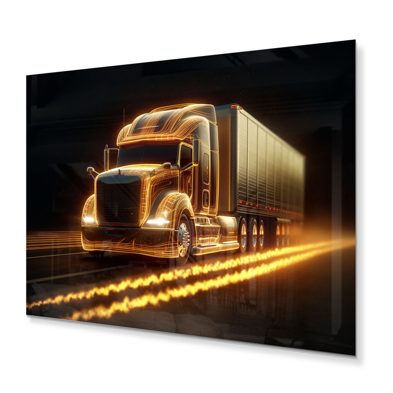 «Yellow Neon Semi Truck - Neon Car», art mural en métal, H 12 po x l 20 po x P 1 po