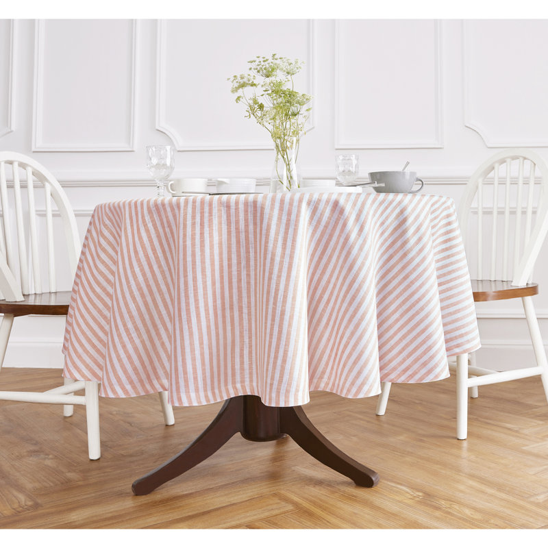Amalfi Stripe - 100% Pure Linen Round Tablecloth, 70" Round, Coral/White