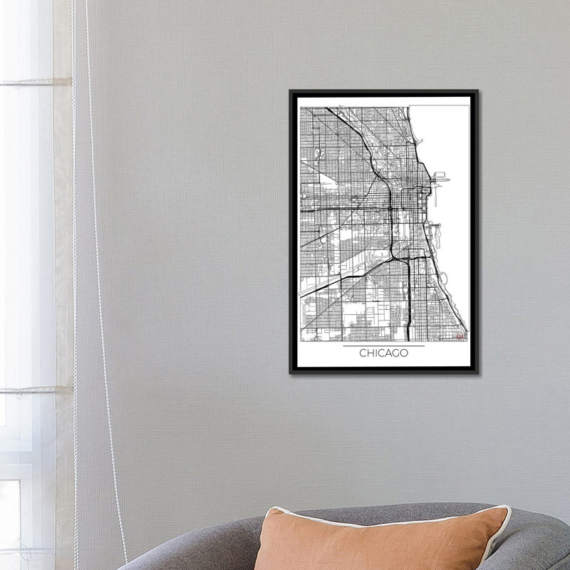 «Chicago Minimal Urban Blueprint Map», impression sur toile, H 26 po x l 18 po x P 1,5 po, Toile avec cadre noir