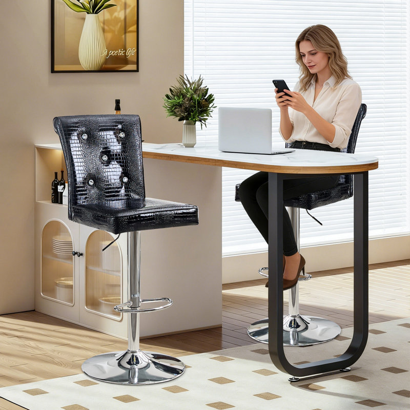 Vintage Faux Leather Bar Stools Set of 2, Adjustable Height Swivel with Crystal Clasp, Black Seat/ Silver Frame
