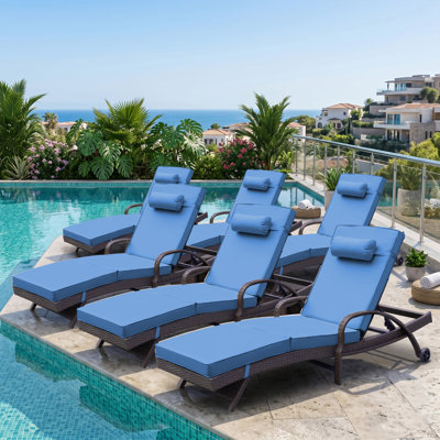 Set of 6 Outdoor Wicker Chaise Lounge with 6 Adjustable Reclining Positions,Cushion,Pillow & Wheels