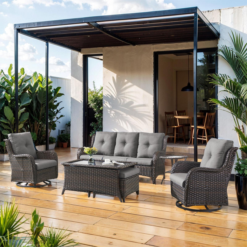 Bonia 7 Person Outdoor Wicker Rattan Patio Furniture Set with Sofa,Rocking Chairs,Ottomans And Table Set. (Set Of 7 Pieces)