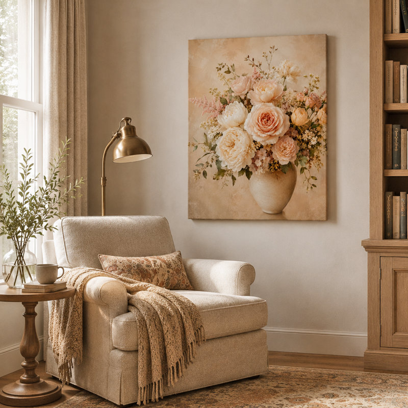 «Blush Rose Vase», art floral sur toile tendue, 30"W x 40"H x 1.5"D