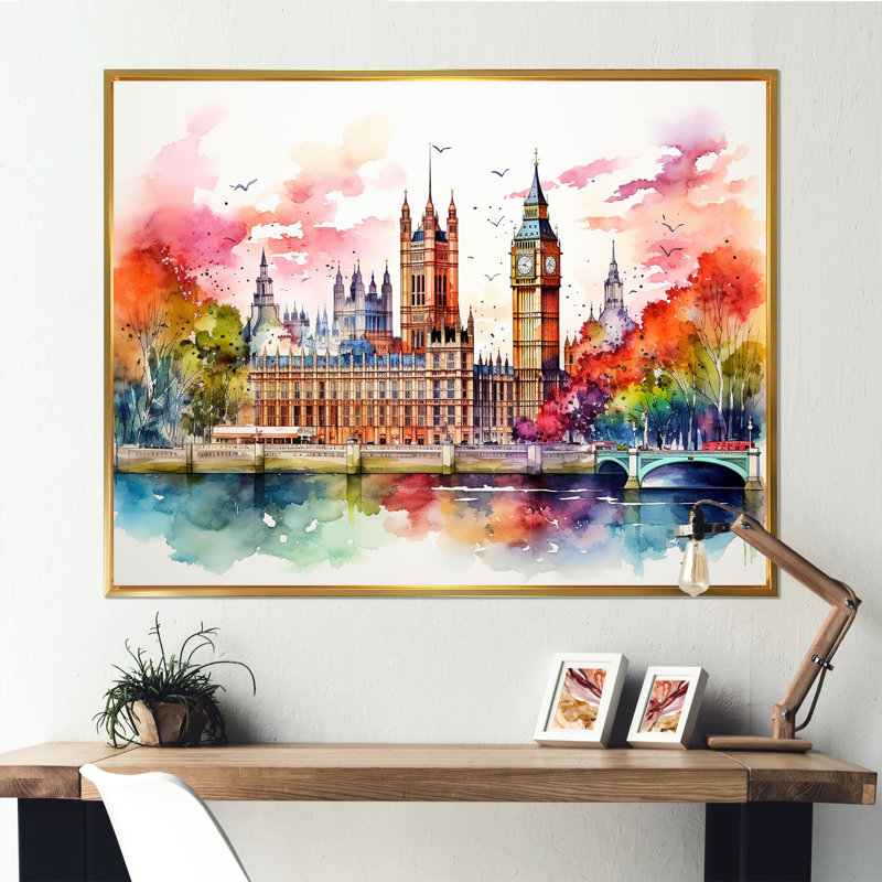 Big Ben London Skylines At Sunset II - City London Wall Ar, Cadre flottant doré, H 24 po x l 32 po x P 1 po