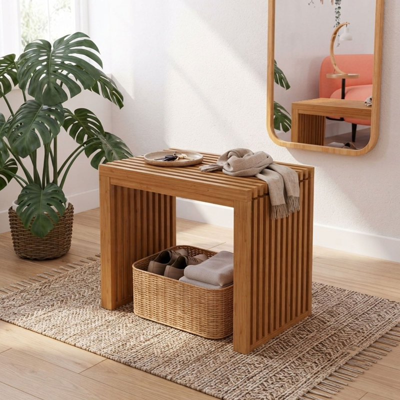 17'' Bamboo Shoe Rack Bench for Entryway