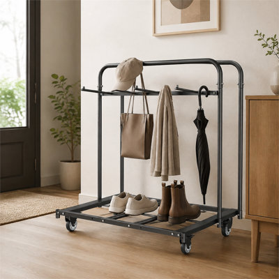Chariot de rangement robuste en acier au carbone noir pour 14 chaises et 5 tables, support de chaises pliantes, capacité de 181 kg (400 lb), barre de suspension réglable avec frein, roulettes pivotantes, idéal pour les événements et les banquets.