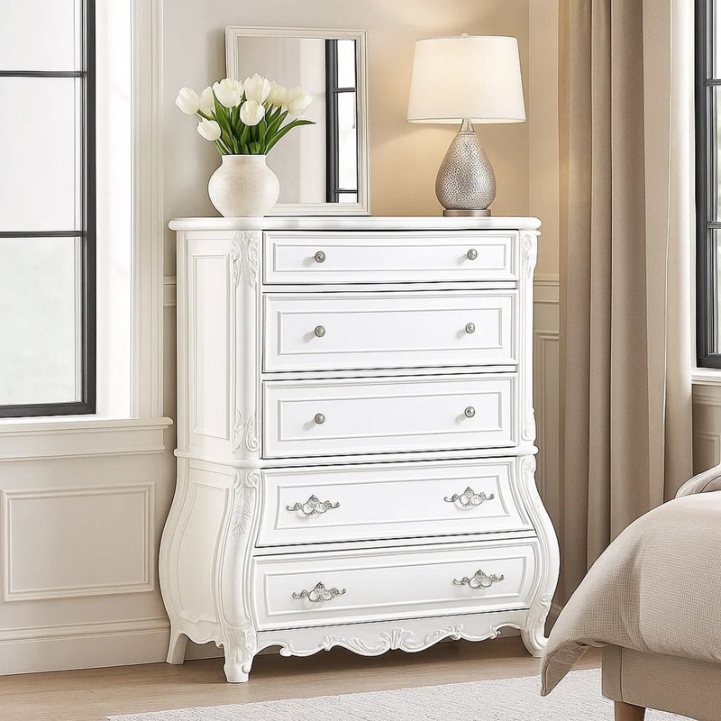 Commode haute 5 tiroirs Valena, bois massif blanc, poignées en métal
