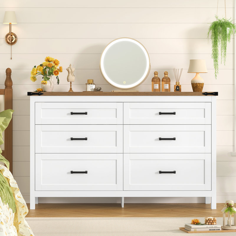 Farmhouse 6 Drawer Dresser For Bedroom, 47.2'' Wide Wood Chest Of Drawers With Large Metal Handles, Dresser For Closet, Bedroom Dresser For Living Room, Entryway, White