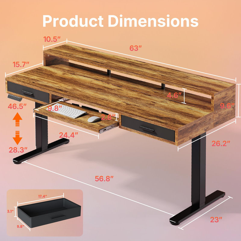 63*26 Electric Standing Desk With 24.4" Large Keyboard Tray & 2 Drawers, Deeper Desktop Adjustable Sit Stand Desk With 4 Height Presets, C-Clamp Mount Compatible Computer Desk For Office