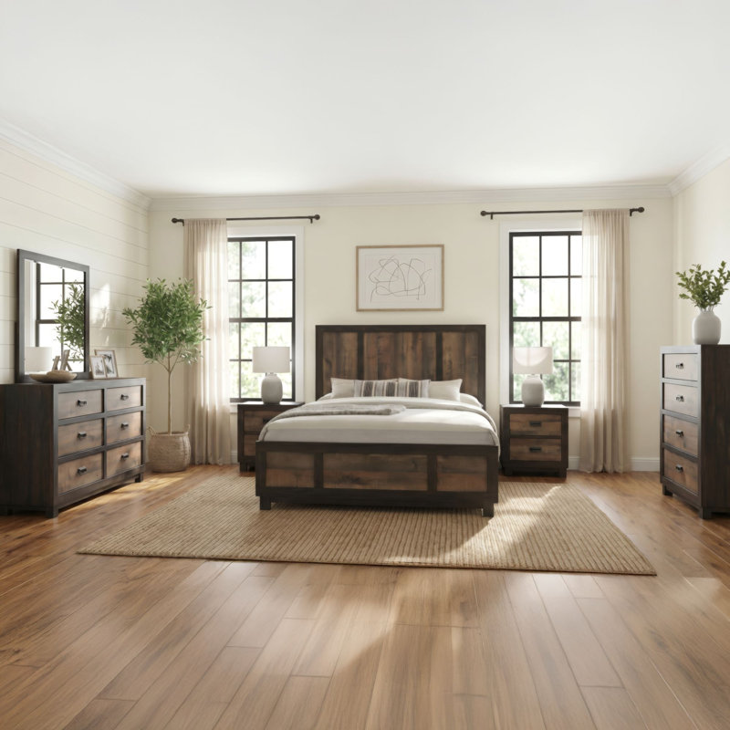 Ensemble de chambre à coucher standard 4 pièces Jobe, 6 Pcs: Bed, Dresser, Mirror, 2 Nightstands, Chest, Très grand