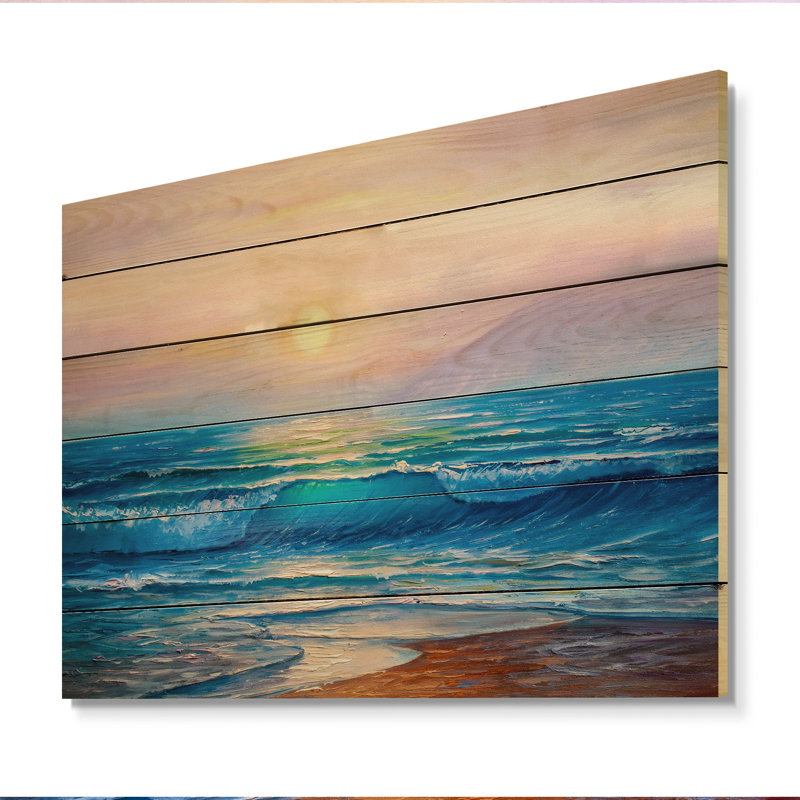 Coucher de soleil sur l'océan et vagues - Impression sur bois sans cadre, H 8 po x l 12 po x P 1 po