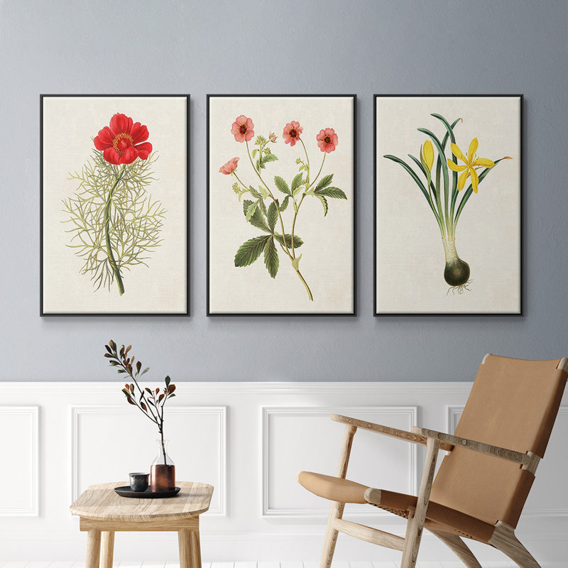 Fleurs des saisons VI, ensemble de 3 toiles encadrées, Cadre noir, H 36 po x l 72 po