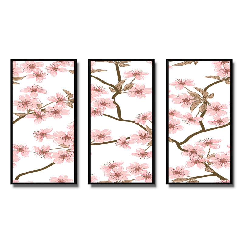 «Blossoming Cherry Branches», reproduction sur toile flottante 3 pièces, H 28 po x l 36 po x P 1 po, Cadre noir