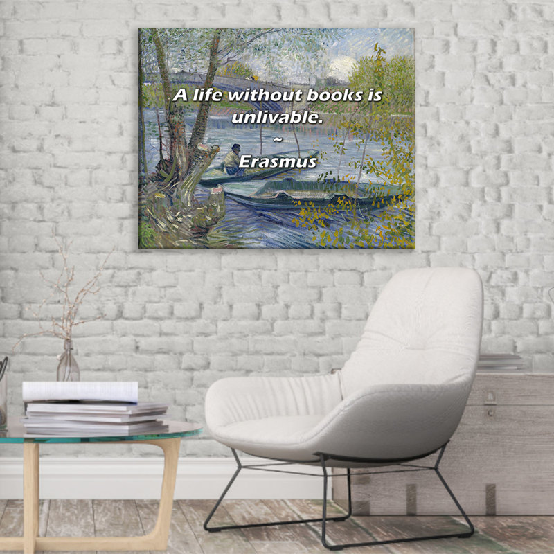 Citation artistique «Une vie sans livres est invivable». Toile tendue par Erasme Gallery, H 40 po x l 28 po