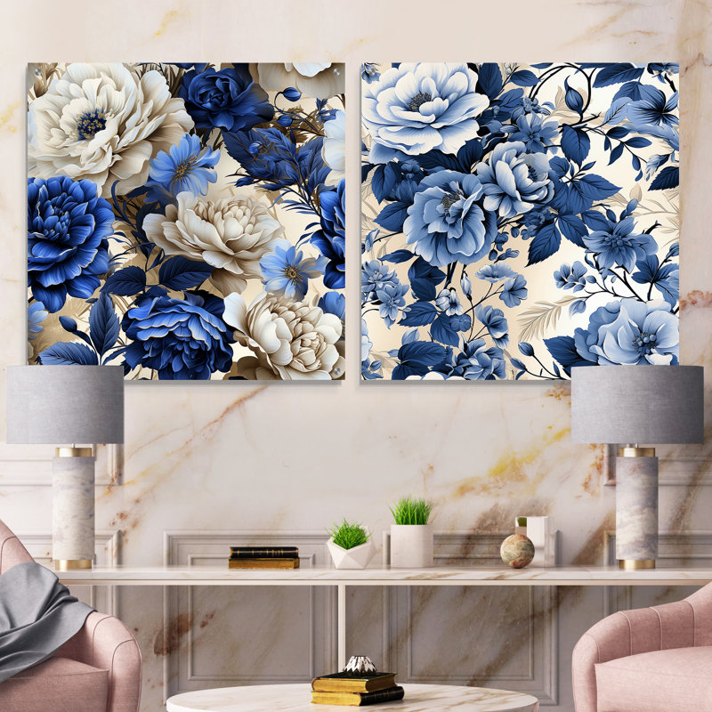 Motif victorien de roses de la Renaissance bleu cobalt - ensemble d'art mural en acrylique sur verre floral