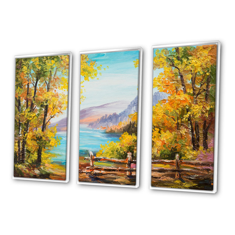 «Mountain Lake In The Fall», ensemble d'art mural sur toile encadré paysage, H 32 po x l 48 po x P 1 po, Blanc