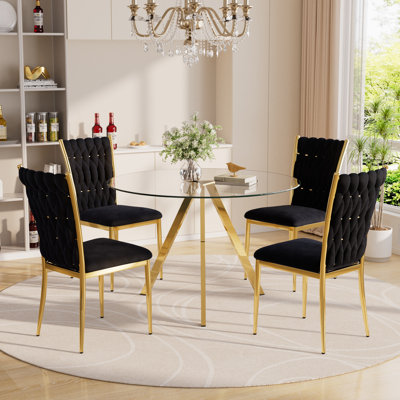 Ensemble de table de salle à manger en verre avec chaises rembourrées en velours