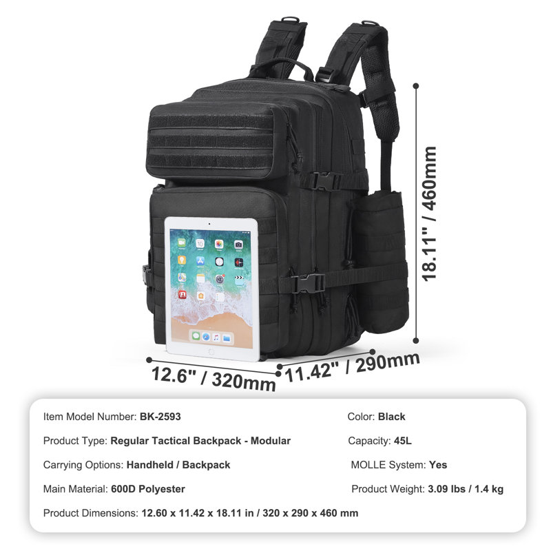 Sac à dos 45L avec mode Molle et 3 compartiments, tactique militaire