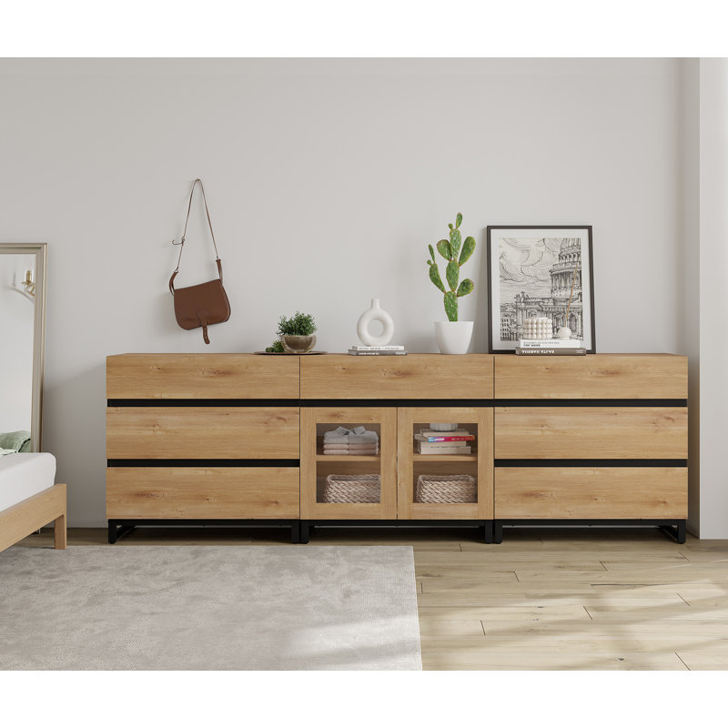 3 In 1 Dresser With Glass Doors And 7 Drawers, Modern Chest Of Drawers With Adjustable Shelf And Metal Base, Closet Organizers And Storage Cabinet For Bedroom