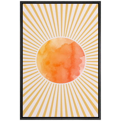 IDEA4WALL Framed Canvas Print Wall Art Watercolor Pastel Orange Shining Sun Rays Nature Abstract Illustrations Art Rustic Landscape Multicolor For Liv