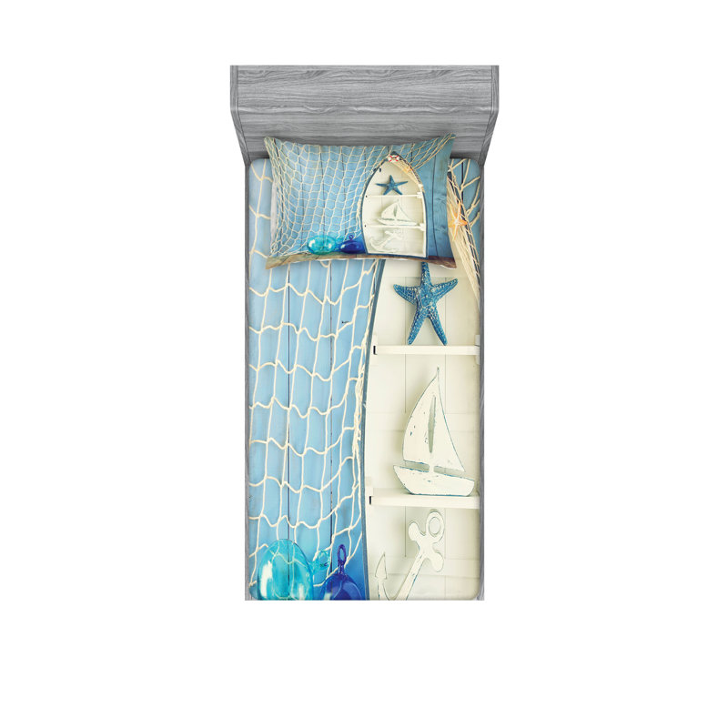 Drap-housse et coussin décoratif Ambesonne, bleu et blanc, Ensemble de draps pour lit simple TG + 2 taies d'o