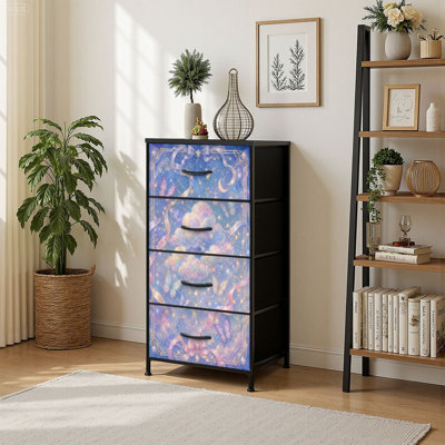 Commode de rangement verticale 4 tiroirs Dreamy Blue Sky Cloudscape Butterflies Stars Elegant Ribbon