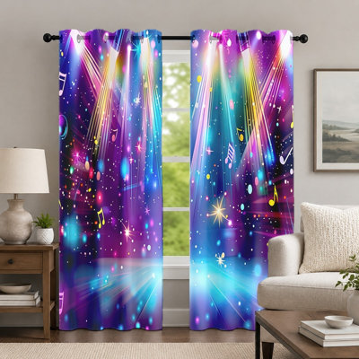 2Pcs Colorful Music Note Curtains, Vibrant Stage Lighting Pattern Curtain, Artistic Disco Style Printed Grommet Drapes, Window Treatment for Bedroom Living Room Decor
