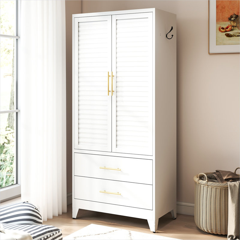 Armoire garde-robe en métal blanc épuré avec 2 portes et tiroirs, armoire de rangement de 71 pouces de hauteur pour la chambre à coucher ou les petits appartements, acier laminé à froid, portable