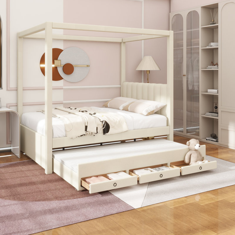 Lit plateforme double à baldaquin avec lit gigogne et trois tiroirs de rangement, beige, Lit double
