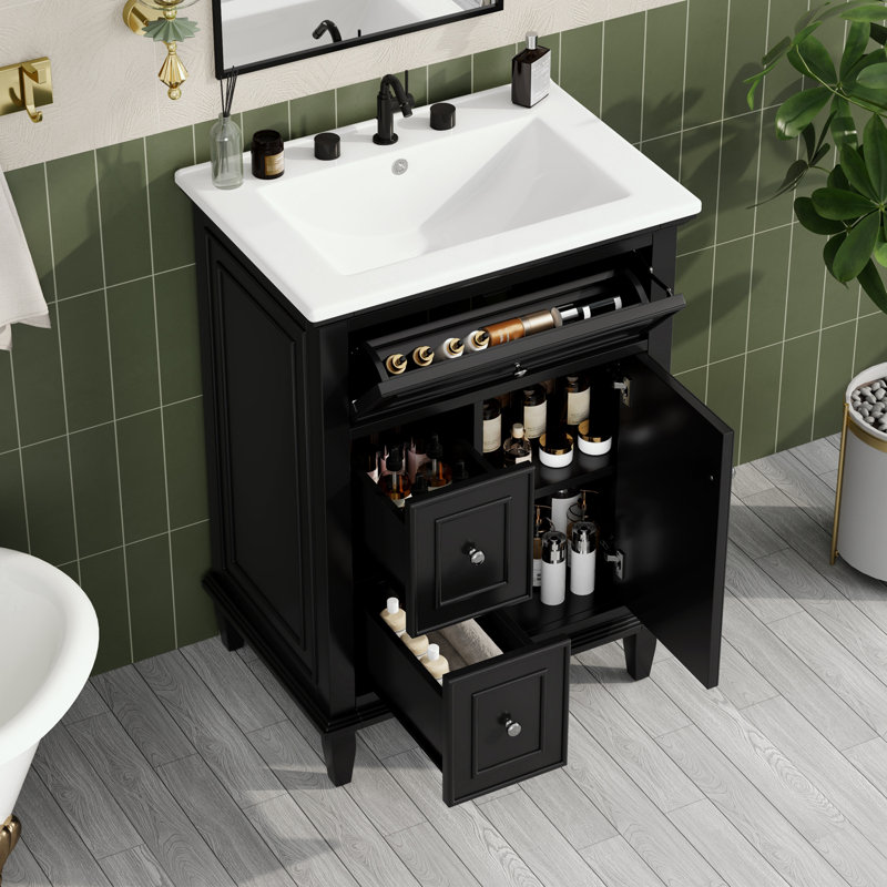 Meuble-lavabo de salle de bain avec lavabo, un tiroir rabattable, deux tiroirs et une tablette réglable, Noir