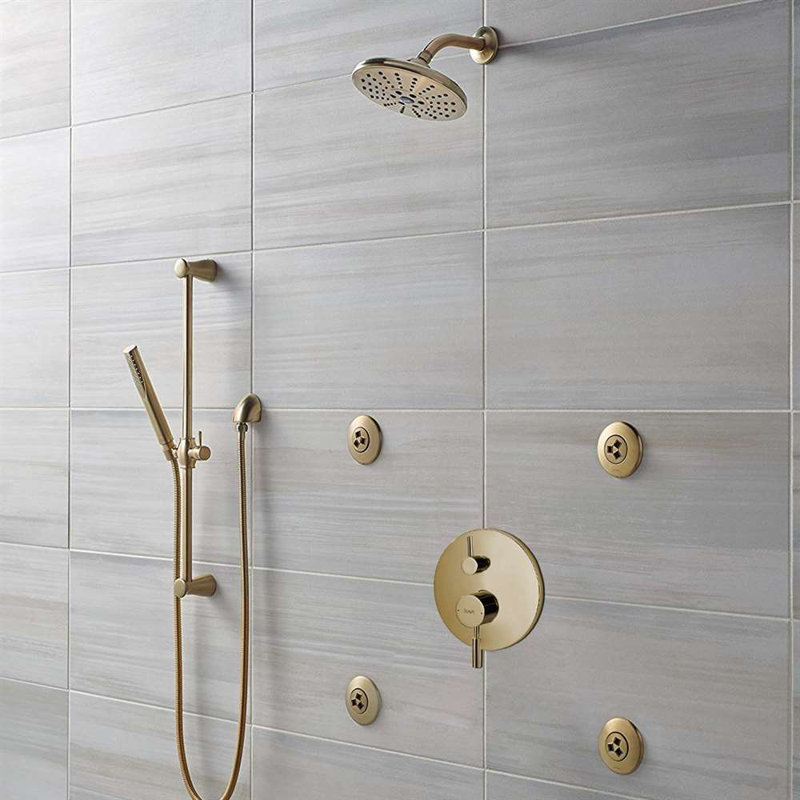 Système de douche mural Bravat en or brossé avec pomme de douche ronde et douchette