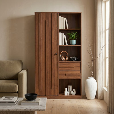 Mid Century Modern Tall Storage Cabinet Freestanding Wardrobe Armoire with Fluted Doors and Drawers