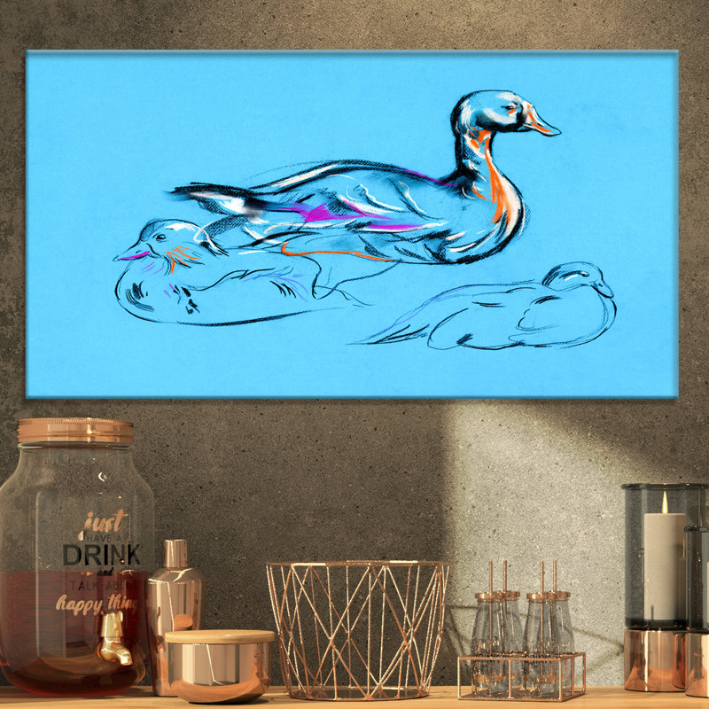 Canard - croquis d'animaux, H 16 po x l 32 po x P 1 po, Toile tendue