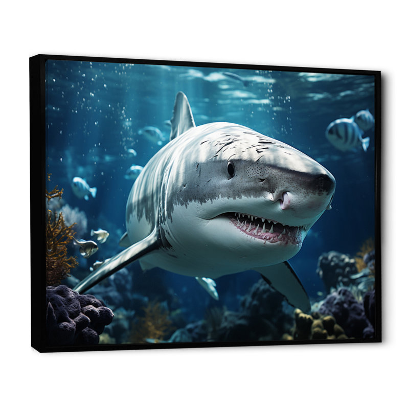 " Teal Gray Shark Marine Symphony ", 30" H x 40" W x 1.5" D, Black Floater Framed