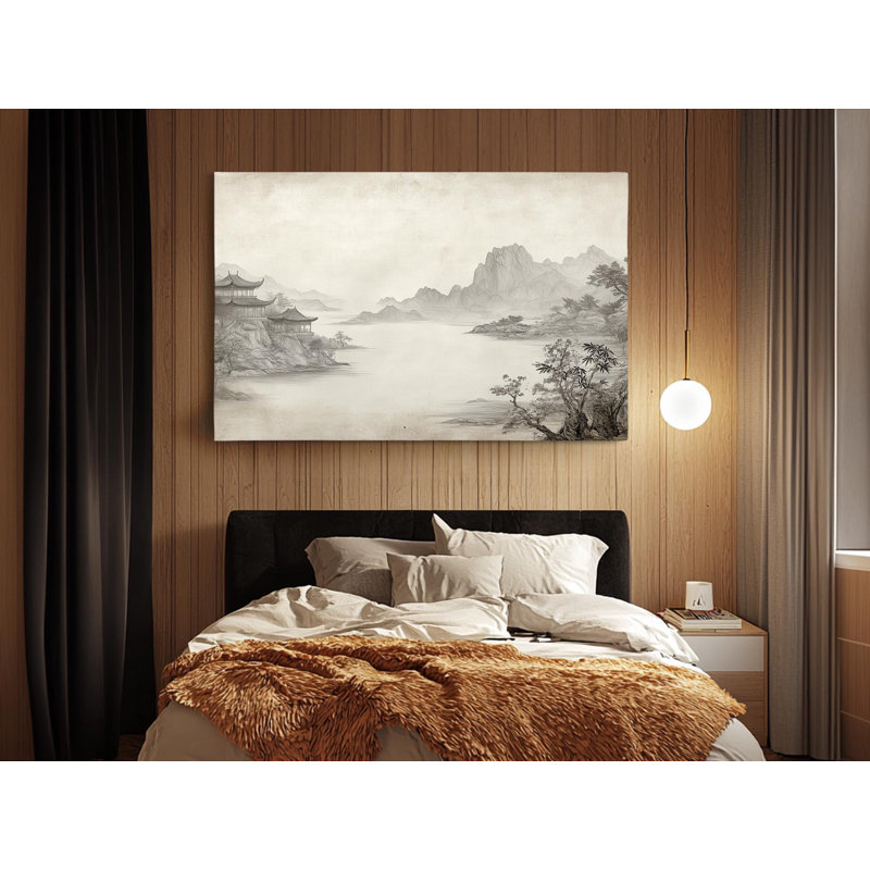 Reproduction d'art sur toile paysage serein asiatique mettant en vedette des montagnes majestueuses et des pagodes élégantes - Zen, décoration murale pour la maison ou le bureau
