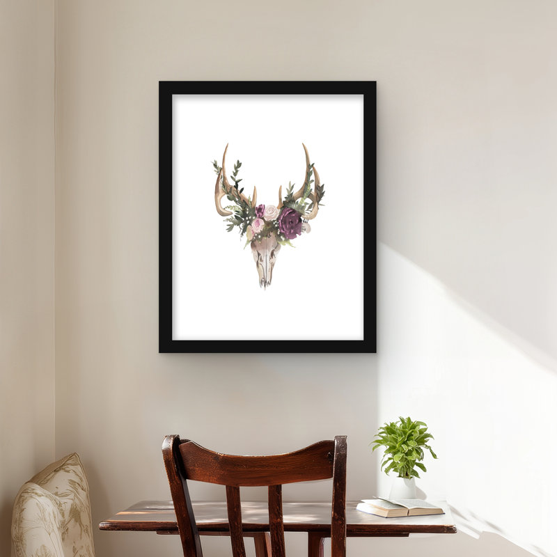 Crâne de cerf avec fleurs - reproduction encadrée pour la décoration intérieure