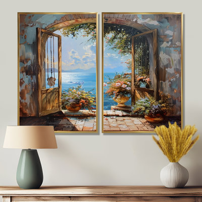 Fenêtre française vue sur l'horizon bleu méditerranéen - impressions sur toile bleu côtier