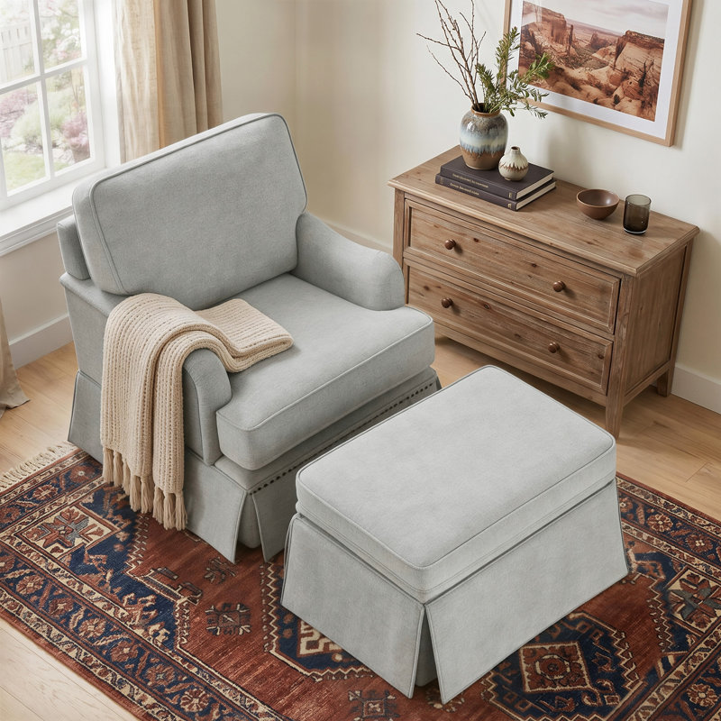 Upholstered Skirted Swivel Accent Arm Chair With Storage Ottoman, Ash Gray Chenille