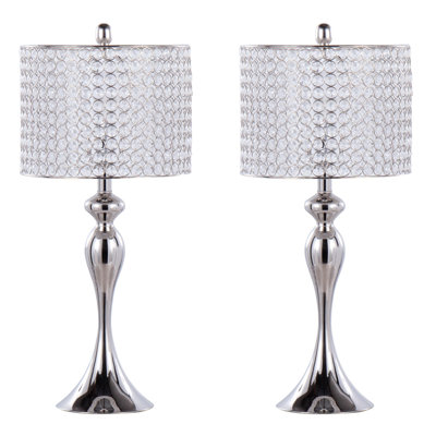 27" Contemporary Metal Table Lamp in Polished Nickel with Round Clear K9 Crystal Beads and Polished Nickel Shade from Grandview Gallery  - Set of 2