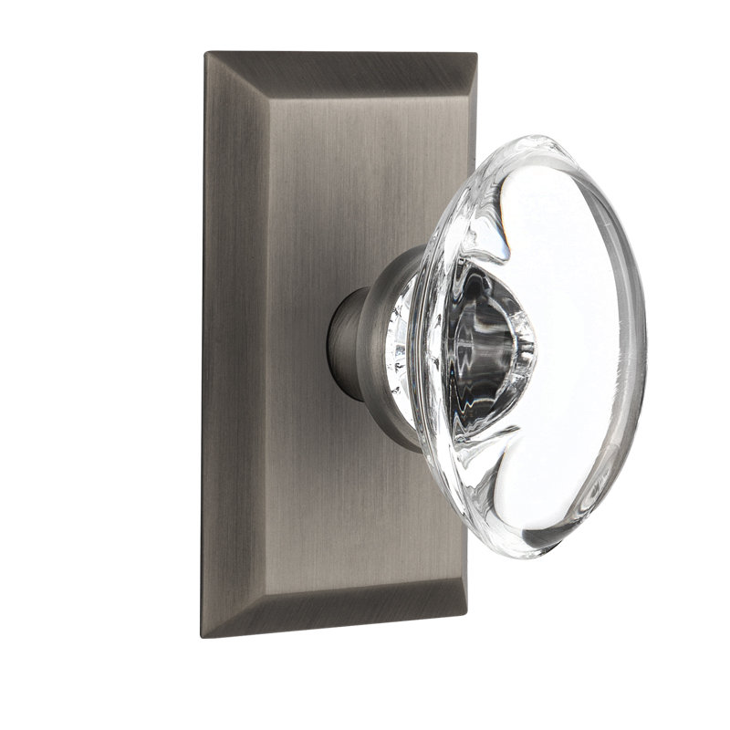 Studio Plate with Oval Clear Crystal Door Knob, Antique Pewter
