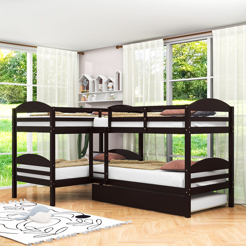  Donyale Twin over Twin and Twin L-Shaped Bunk BedWood Bunk Bed With Trundle, Espresso