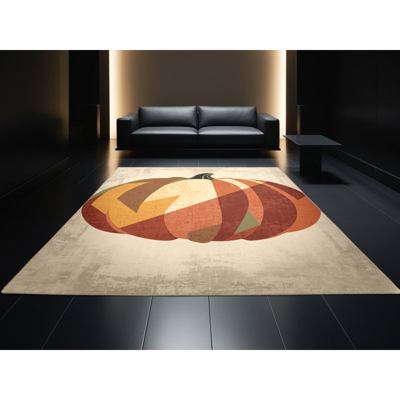 Machine Washable Crewe Pumpkin Country Rustic Block Print Rug in Beige – Beige Binding, 5x7