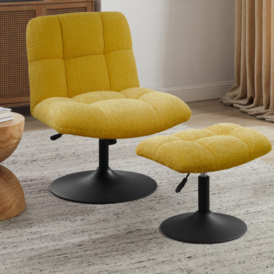 Upholstered Tufted Swivel Accent Chair With Ottoman, Height Adjustable Lounge Chair