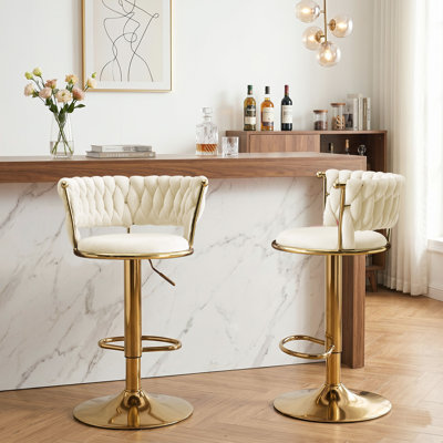 Velvet Swivel Bar Stools Set of 2, Modern Adjustable Height Barstools with Golden Metal Base for Kitchen Island, Beige