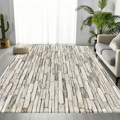 Tapis à texture de pierre, impression de pierre empilée gris blanc réaliste, tapis de sol antidérapant durable, décoration intérieure pour le salon, la chambre à coucher, le vestibule, appartement