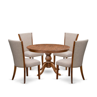 Ensemble de salle à manger 5 pièces comprenant une table de salle à manger ronde avec piédestal et 4 chaises Parson en tissu de lin brun clair, noyer antique