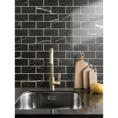 Faux Stone Backsplash Peel And Stick PVC Tile, 3 Inch X 6 Inch Black Marble With White Grout Stick On Tiles For Backsplash, Pack Of 4