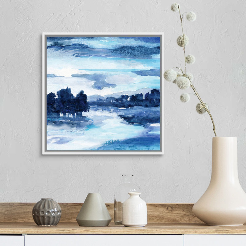 Indigo Land I - reproduction d'art sur toile, Cadre flottant blanc, H 17,7 po x l 17,7 po x P 1,75 po